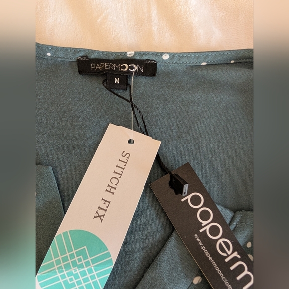 Papermoon Green Polka Dot Split-Neck Cap Sleeve Blouse - Picture 3 of 5